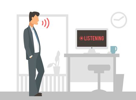 Voice control vector illustration. Smart computer voice control with human voice. Smart phone, smart house, modern computer technology. Voice control command background. Voice control iconのイラスト素材