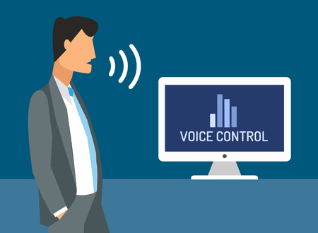 Voice control vector illustration. Smart computer voice control with human voice. Smart phone, smart house, modern computer technology. Voice control command background. Voice control iconのイラスト素材