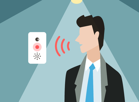 Voice control vector illustration. Smart computer voice control with human voice. Smart phone, smart house, modern computer technology. Voice control command background. Voice control iconのイラスト素材