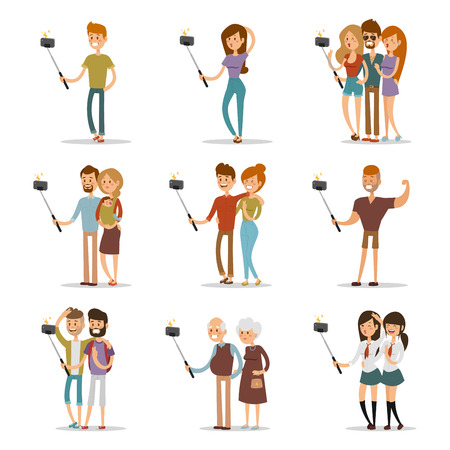 Selfie shots family and couples vector illustration. Selfie shot man, woman, teenagers, pensioners, gays. Vector selfie people set. Selfie vector concept modern life with selfie photo camera. Selfie smile, selfie conceptのイラスト素材
