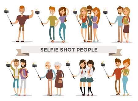Selfie shots family and couples vector illustration. Selfie shot man, woman, teenagers, pensioners, gays. Vector selfie people set. Selfie vector concept modern life with selfie photo camera. Selfie smile, selfie conceptのイラスト素材