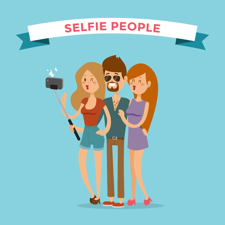 Selfie young couple friends portreit vector illustration. Selfie shot man, woman girls, friends together Vector selfie people set. Selfie vector concept modern friends with selfie photo camera. People couple, togetherness conceptのイラスト素材