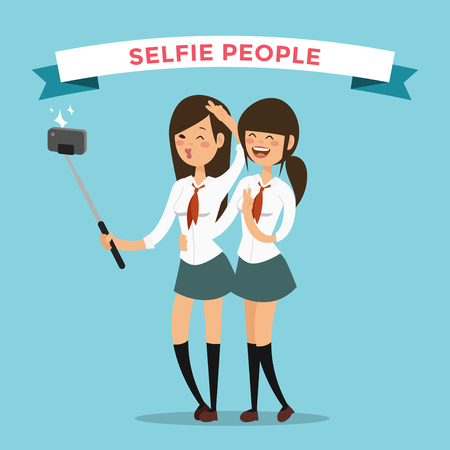 Selfie shots yong teenager school girls couple vector illustration. Selfie shot girls, friends. Vector selfie people set. Selfie vector concept modern life with selfie photo camera. Selfie smile, selfie conceptのイラスト素材