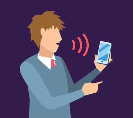 Voice control vector illustration. Smart computer voice control with human voice. Smart phone, smart house, modern computer technology. Voice control command background. Voice control iconのイラスト素材