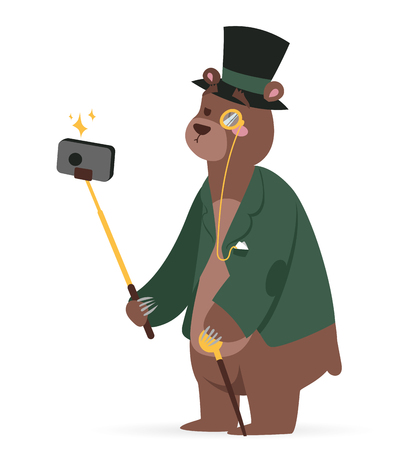 Selfie photo bear business man vector portrait illustration on white background. Cartoon bear business man, bear vector. Selfie shot bear businessman. Vector bear isolated. Bear business man or politicianのイラスト素材