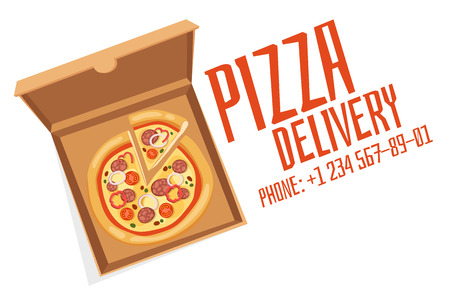 Pizza box vector advertisment babber. Pizza box delivery service. Craft pizza box isolated on background. Box for pizza, pizza delivary service. Pizza delivery business, food box, pizza box. Delivery pizza bannerのイラスト素材