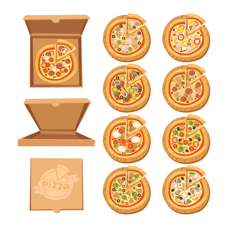 Pizza flat icons isolated on white background. Pizza food silhouette. Pizza piece, pizza slice. Pizza menu illustration isolated. Pizza vector collection isolated on white. Different pizzaのイラスト素材