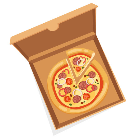Pizza box vector illustration. Pizza box delivery service. Craft pizza box isolated on background. Box for pizza, pizza box. Pizza delivery business, food box, pizza box. Delivery pizza packageのイラスト素材