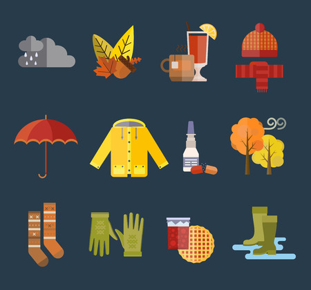 Collection of autumn clothes items. Clothes related to autumn and winter. Clothes autumn, winter clothes. Acorns, leaves trees autumn, rain clouds. Bad autumn cold weather clothes. Red, yellow colorsのイラスト素材