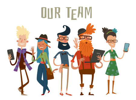 Ilustración de Business team people website profile about page. Landing page team command people isolated. Design studio people. designers, creative job people, art-director, accounter, boss, team leader. Landing page group portrait - Imagen libre de derechos