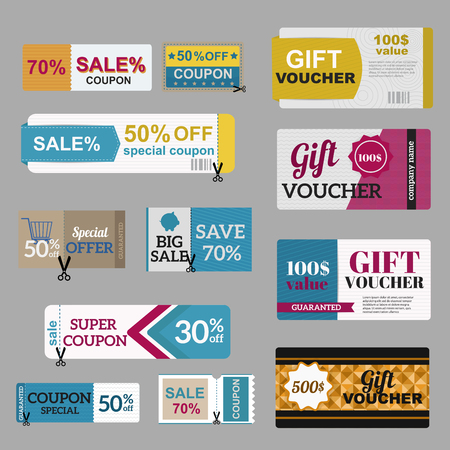 Vector illustration of gift voucher template collection.  Voucher tickets, voucher sale coupon, voucher gift, voucher vector, voucher isolated. Cutline voucher vector symbols. Voucher coupon iconsのイラスト素材