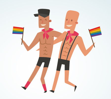 Homosexual gay people couple vector. Homosexual marriage man couples. Gay family couple. Gay family vector illustration. Homosexual couples colors free love. Gay parade. Gay flagのイラスト素材
