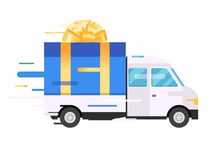 Delivery vector transport truck, van with gift box pack. Delivery service van, delivery truck, gift box. Wedding box, birthday box. Product goods shipping transport. Fast delivery gift box with bow, ribbonのイラスト素材