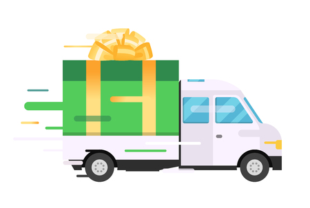 Delivery vector transport truck, van with gift box pack. Delivery service van, delivery truck, gift box. Wedding box, birthday box. Product goods shipping transport. Fast delivery gift box with bow, ribbonのイラスト素材