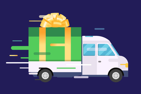 Delivery vector transport truck, van with gift box pack. Delivery service van, delivery truck, gift box. Wedding box, birthday box. Product goods shipping transport. Fast delivery gift box with bow, ribbonのイラスト素材