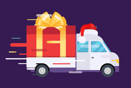 Delivery vector transport truck, van with gift box pack. Delivery service van, delivery truck, gift box. Wedding box, birthday box. Product goods shipping transport. Fast delivery gift box with bow, ribbonのイラスト素材