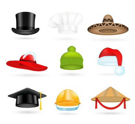 Set of 3d top hats different professions. Cartoon top hats. Baseball cap, cook hat, chef hat, santa hat. Hat icons vector set. Hats isolated silhouette. Autumn, winter hat, worker hat, graduation hatのイラスト素材