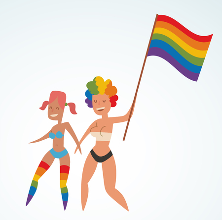 Homosexual gay and lesbian people vector. Homosexual marriage lesbian couples. Gay, lesbian couple. Wpman lesbian family vector illustration. Homosexual couple colors free love. Gay, lesbian paradeのイラスト素材