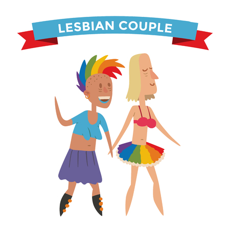 Homosexual gay and lesbian people vector. Homosexual marriage lesbian couples. Gay, lesbian couple. Wpman lesbian family vector illustration. Homosexual couple colors free love. Gay, lesbian paradeのイラスト素材
