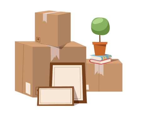Move service box full vector illustration. Move box business. Craft box isolated on background. Box for moving, open box. Move business, moving box, relocation box. Transportation package cargo serviceのイラスト素材