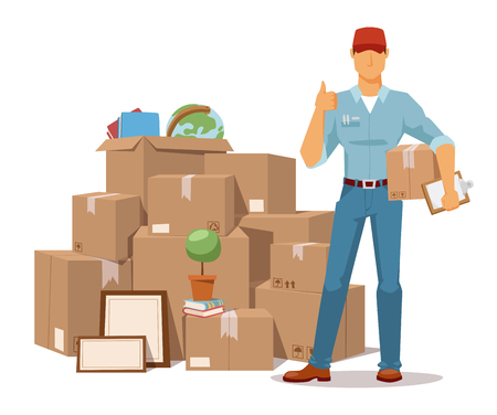 Move service man Ok hand and box vector illustration. Move box and men. Craft box isolated on background. Box for moving, open box. Move business, moving box, relocation box open. Transportation package cargo serviceのイラスト素材
