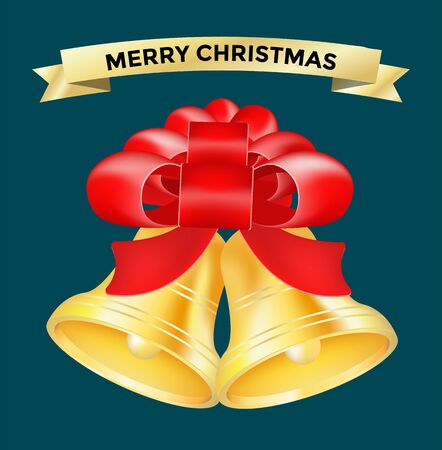 Vintage Christmas bell toy. Colorful New Year tree bell decoration toys. Christmas bell tree toy, Christmas bell. Christmas decoration bell greeting card, red ribbon, decor bowのイラスト素材