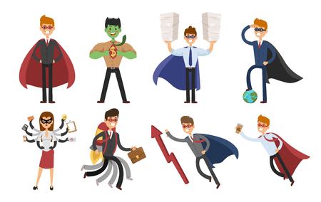 hero business man and business woman set. people in business illustration. hero in business situations, hero in office life. hero flying, business success peopleのイラスト素材