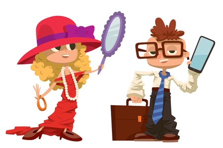 Cartoon boy and girl dressed like mother and father. cartoon boy, girl similar adult man and woman. People professions job search . Business kids illustration. Boy, girl future job choiceのイラスト素材