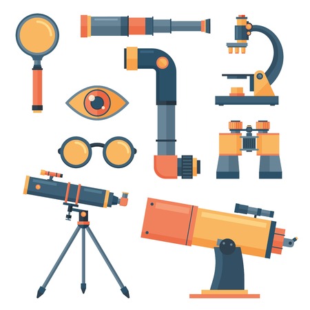 Optical icons set. Optical tools collection isolated. Optical equipment, telescope, microscope, glass. Optical lens tools icons. professional optical tools set. Optical iconsのイラスト素材