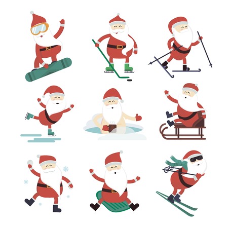 Cartoon extreme Santa winter sport illustration. Santa Claus winter sport isolated on white. Winter sport collection. Santa healthy, Santa cloth, Santa red hat, Santa sledge. Santa Claus vector peopleのイラスト素材