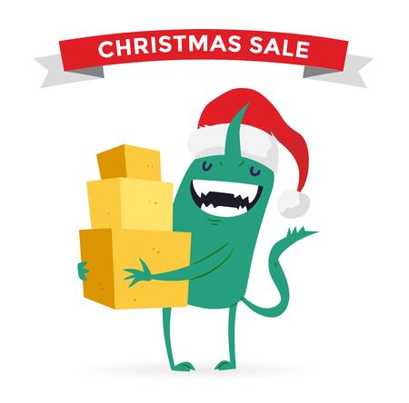 Cartoon cute monsters Christmas sale shopping vector. Shopper Christmas sale monsters cartoon. New Year sale bag icon, cute monster set. Monster shopping Christmas sale bag. Cartoon cute monster saleのイラスト素材