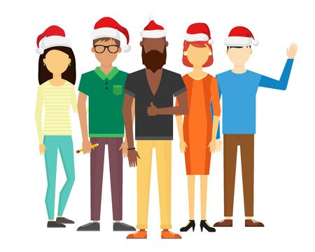 Business team people Christmas greeting card. Partners greeting card command people isolated. Design studio people Christmas holidays. Team santa red hat group portraitのイラスト素材