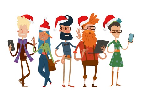 Business team people Christmas greeting card. Partners greeting card command people isolated. Design studio people Christmas holidays. Team santa red hat group portraitのイラスト素材