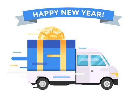 Delivery vector transport truck van Christmas gift box bow ribbon. Delivery service van Christmas greeting card. Delivery truck, gift box. Wedding box, birthday box. Christmas hipping transportのイラスト素材