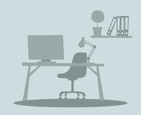 Business office interior with table, chair, computer. Business office vector illustration. Office interior vector illustration. Business office interior table. Business office interior computer. Business office interior isolatedのイラスト素材