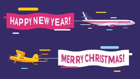Plane flying with Merry Christmas banners. Christmas, New Year planes banners. Plane flying Christmas greeting Card. のイラスト素材