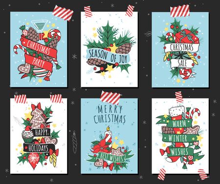 Christmas greeting card background banner. Christmas Holidays winter background. Hand draw New Year greeting card background. Christmas banners. Christmas holiday poster. New Year banner templateのイラスト素材