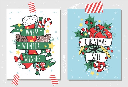 Christmas greeting card background banner. Christmas Holidays winter background. Hand draw New Year greeting card background. Christmas banners. Christmas holiday poster. New Year banner templateのイラスト素材