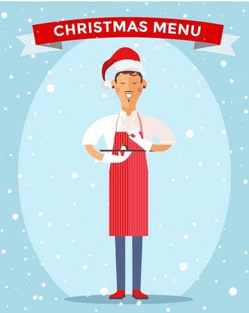 Special Christmas menu cook chef illustration. Cook chef holding Christmas menu food special dish. Cook chef male cartoon character in Christmas Santa hat. People job, Christmas menuのイラスト素材