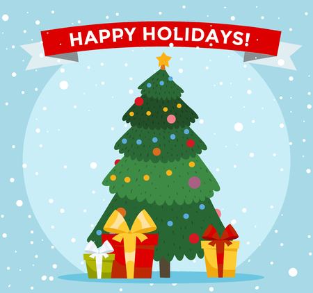 Christmas tree cartoon illustration. Christmas tree background. Christmas tree traditional greeting card. Christmas tree isolated on background. Christmas New Year cardのイラスト素材