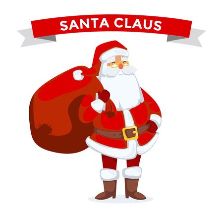 Santa Claus illustration. Santa Claus cartoon old man with red hat and sack. Santa Claus traditional costume. Santa Claus isolated on background. Santa Claus stay, smile face. Christmas Santa Clausのイラスト素材