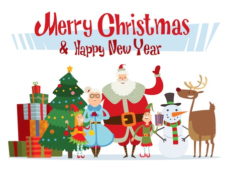Santa Claus, Missis Claus, kids family illustration. Santa Clau, Missis Claus cartoon people. Missis Claus traditional costume. Santa Claus isolated on background. Santa Claus family portrait. Christmas Santa Claus helpersのイラスト素材