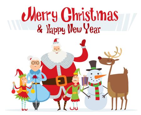 Santa Claus, Missis Claus, kids family illustration. Santa Clau, Missis Claus cartoon people. Missis Claus traditional costume. Santa Claus isolated on background. Santa Claus family portrait. Christmas Santa Claus helpersのイラスト素材