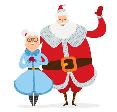 Santa Claus, Missis Claus family illustration. Santa Clau, Missis Claus cartoon people. Missis Claus traditional costume. Santa Claus isolated on background. Santa Claus family portrait. Christmas Santa Claus helpersのイラスト素材