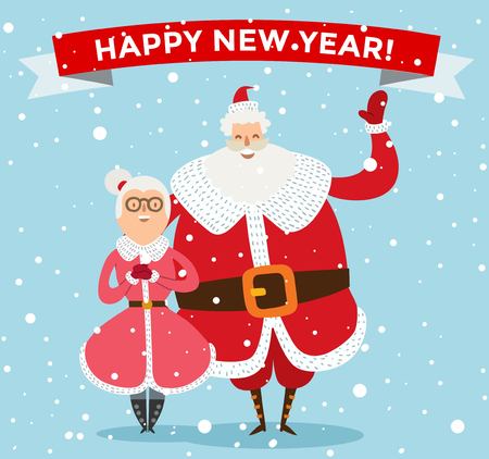 Santa Claus, Missis Claus family illustration. Santa Clau, Missis Claus cartoon people. Missis Claus traditional costume. Santa Claus isolated on background. Santa Claus family portrait. Christmas Santa Claus helpersのイラスト素材
