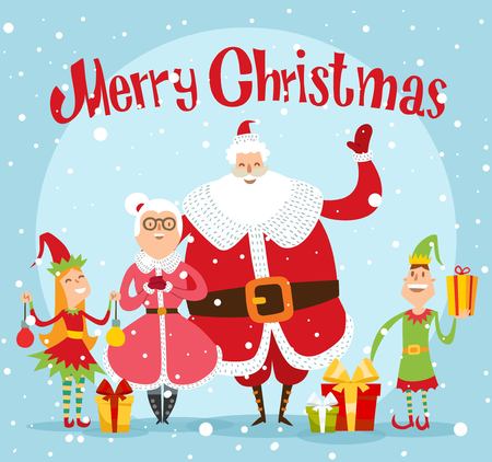 Santa Claus, Missis Claus, kids family illustration. Santa Clau, Missis Claus cartoon people. Missis Claus traditional costume. Santa Claus isolated on background. Santa Claus family portrait. Christmas Santa Claus helpersのイラスト素材