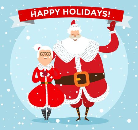 Santa Claus, Missis Claus family illustration. Santa Clau, Missis Claus cartoon people. Missis Claus traditional costume. Santa Claus isolated on background. Santa Claus family portrait. Christmas Santa Claus helpersのイラスト素材