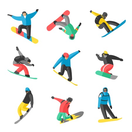 Snowboarder jump in different pose on white background. Snowboard people tricks. Snowboarder tricks. のイラスト素材
