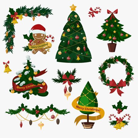 Christmas tree flat icons set. Christmas tree vector. New Year tree isolated. Christmas tree vector illustration. New Year tree silhouette. Christmas decoration, balls, tree, green tree. Set of Christmas treeのイラスト素材