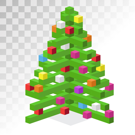 Christmas tree flat 3d isometric pixel art icon. Christmas tree vector. New Year tree isolated. Christmas tree vector illustration. New Year tree 3d silhouette. Christmas decoration, balls, tree, green treeのイラスト素材